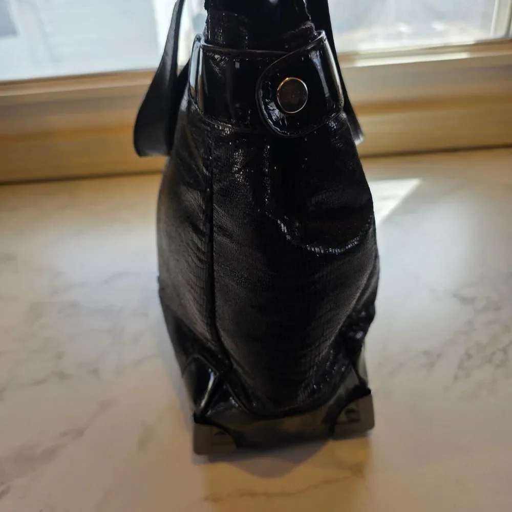 BCBGeneration Black Patent-Look Tote with Turn-Lock Detail